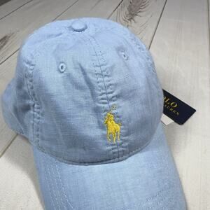 PRL Linen Light Blue Hat One Size Leather Strap Back Cap Polo Ralph Lauren
